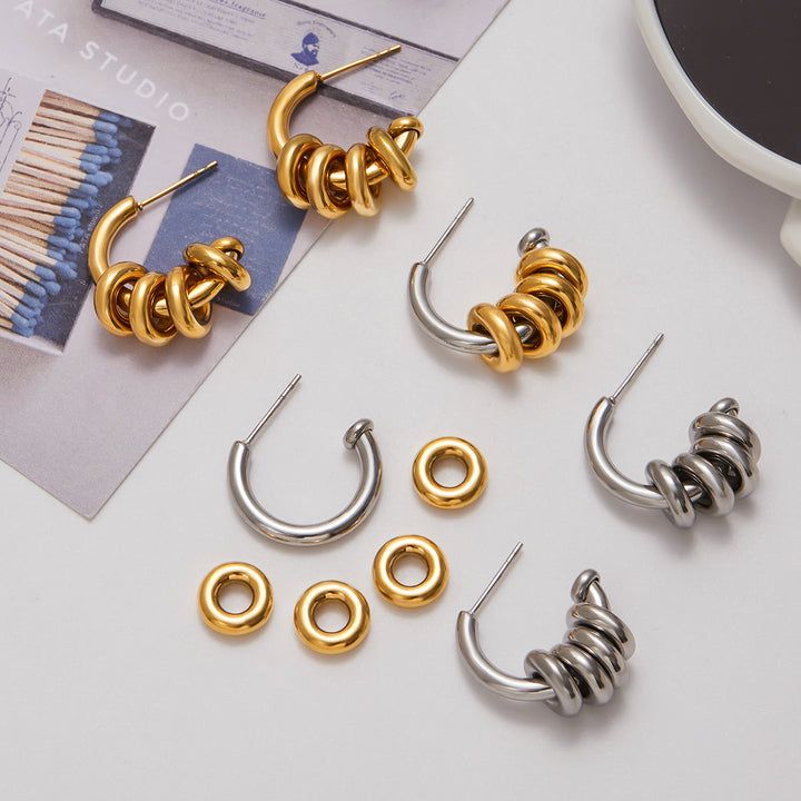 J&D Stylish Minimalist Stainless Steel Earring Fashion Classic Moveable Multi Rings Hoop Earrings