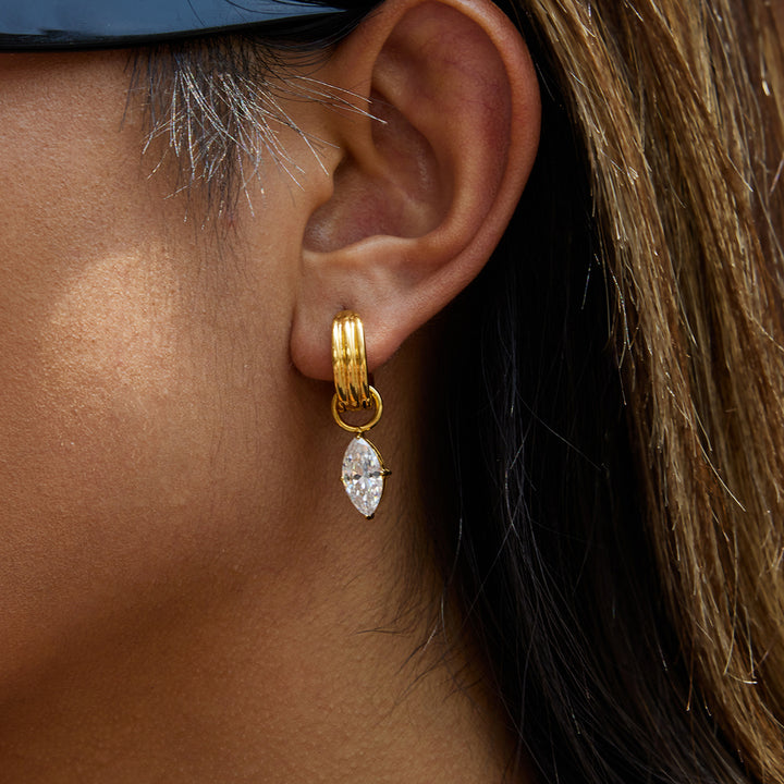 J&D Classic Zircon Earring 18k Gold Plated Stainless Steel White Water Drop Zirconia Horse Eye Zircon Earring