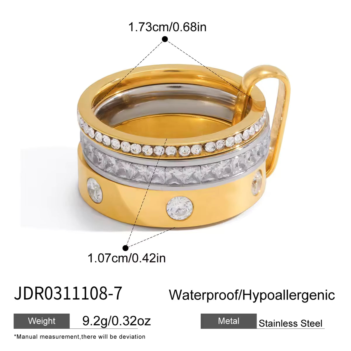 18K Gold Plate Stainless Steel Rings Classic Two Tone White Rhinestone Multi-ring Stacking Ring