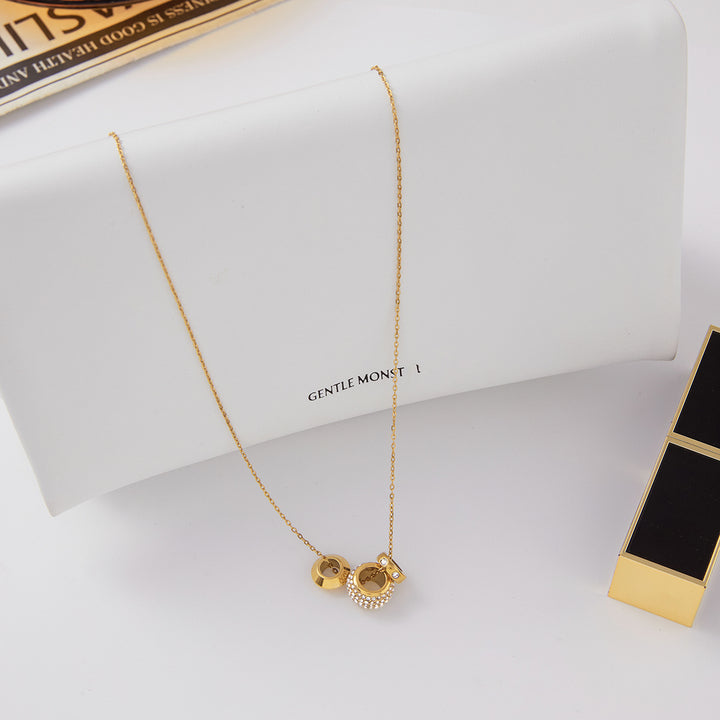 J&D 18K Gold Plated Stainless Steel Necklace Classic Rhinestone Smooth Spacer Beads Pendant Necklace