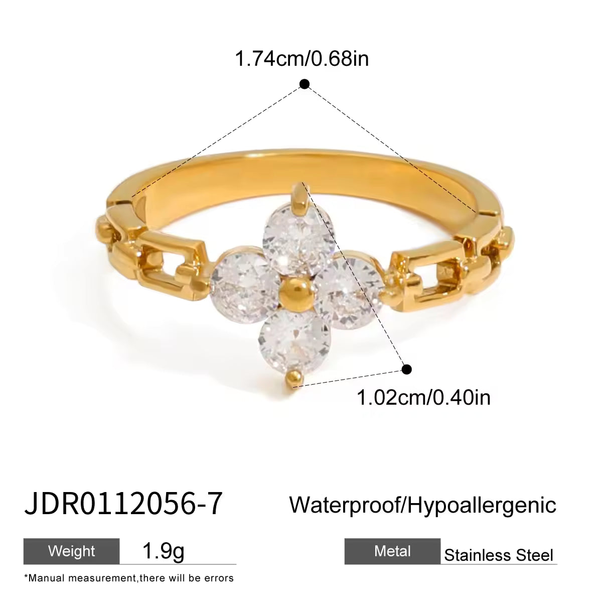 Modern Luxury 18K Gold Stainless Steel Lucky Leaf Clover Zircon Watch Rings for Women