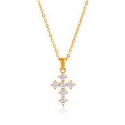 J&D Stainless Steel 18K PVD Gold Plating Waterproof Round Cubic Zircon CZ Cross Pendant Necklace