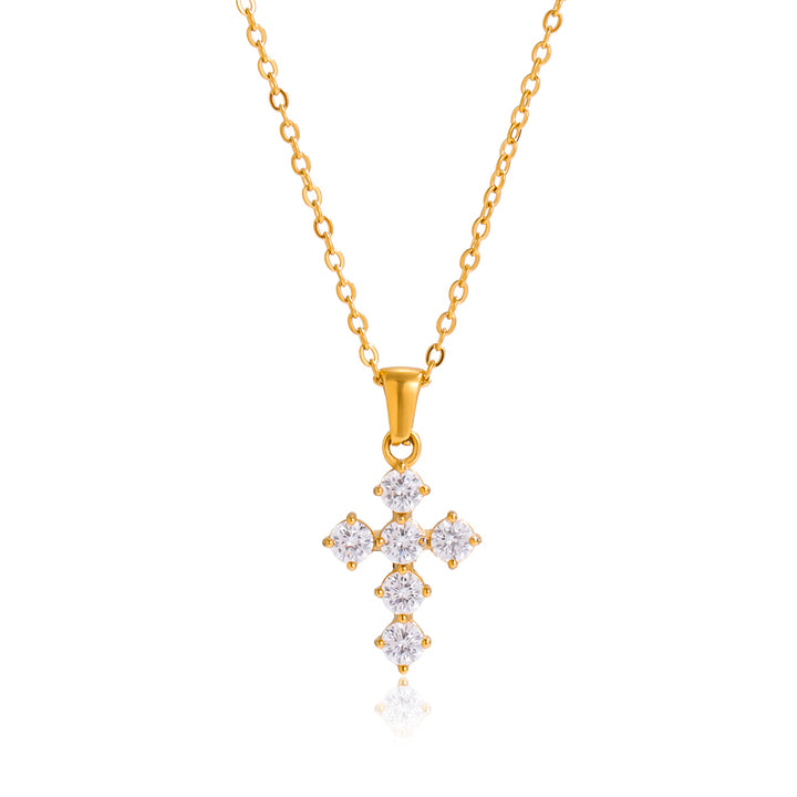 J&D Stainless Steel 18K PVD Gold Plating Waterproof Round Cubic Zircon CZ Cross Pendant Necklace