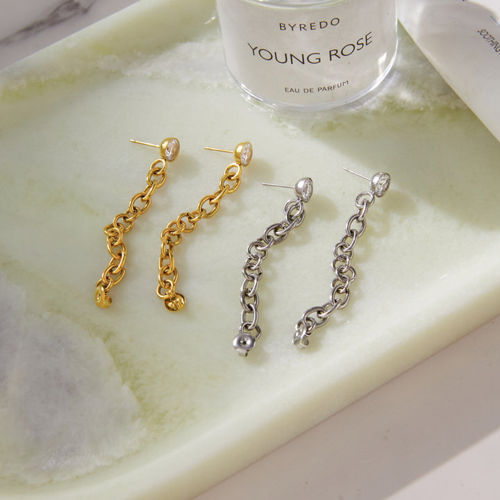 J&D Minimalist Tassel CZ Earring 18K Gold Plated Stainless Steel Fashion Classic White Zircon Rough Chain Tassel Earrings