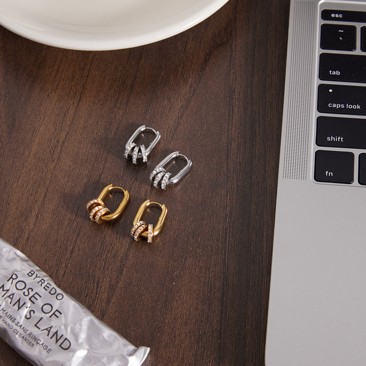 J&D 18K Gold Plated Stainless Steel U Shape Rhinestone Hoop Earrings Women Hypoallergenic Waterproof Classic Elegant Jewelry