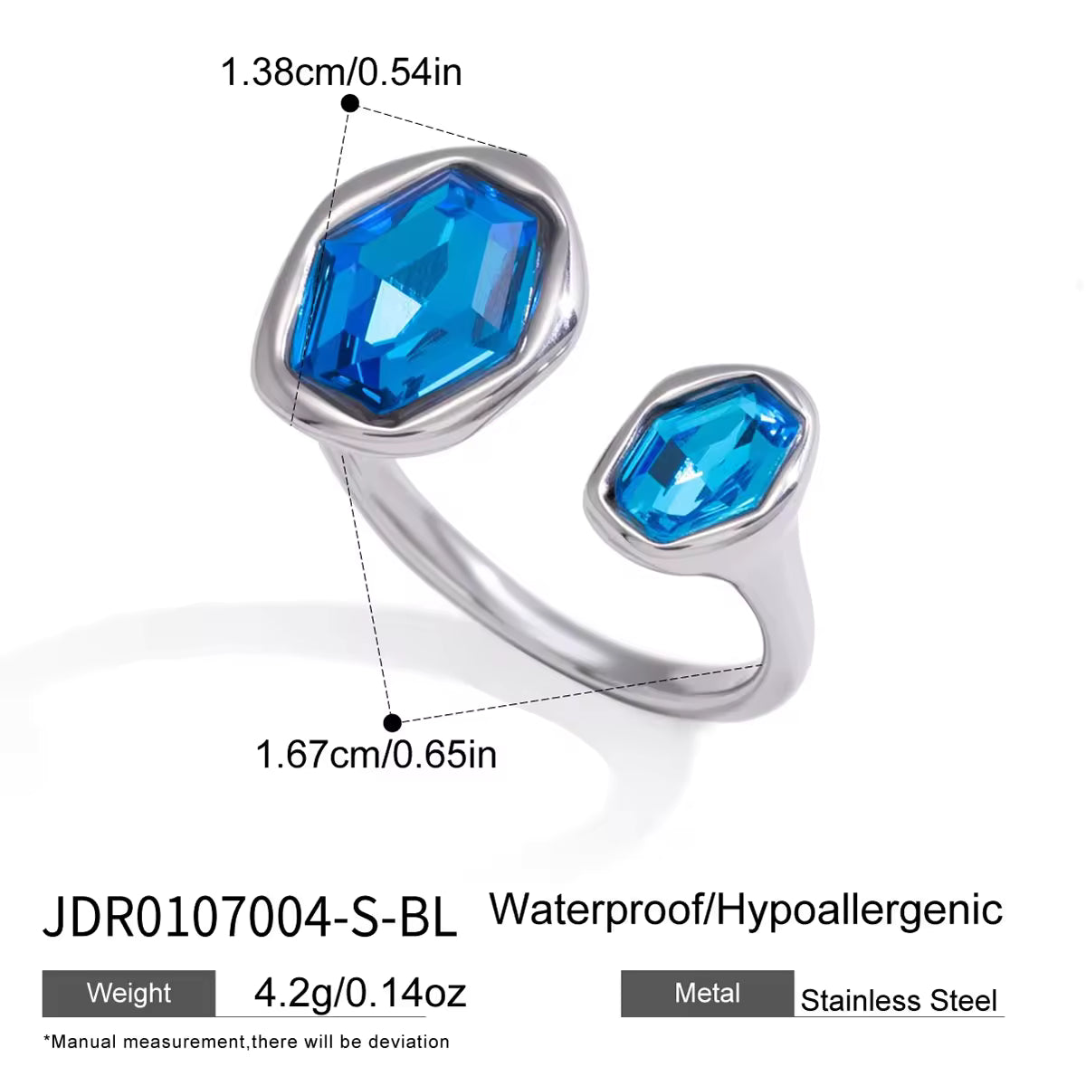 Trendy Classic Geometric CZ Ring Gold Steel Stainless Steel Green Blue Zircon Geometric Asymmetrical Open Ring