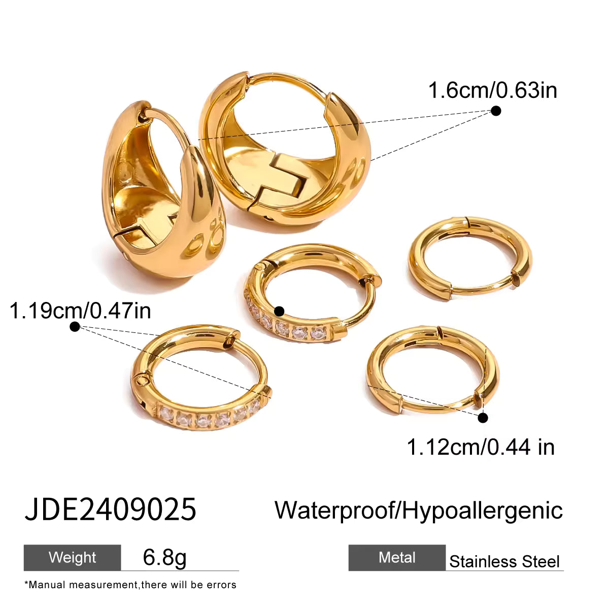 18k Gold Stainless Steel White Water Drill Solid Circle Ear Clips Set of 3