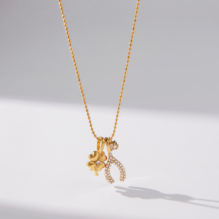 J&D 18K Gold Plated Stainless Steel Necklace Zircon Four Leaf Clover Wishbone Bead Chain Lucky Charms Necklace for Gift