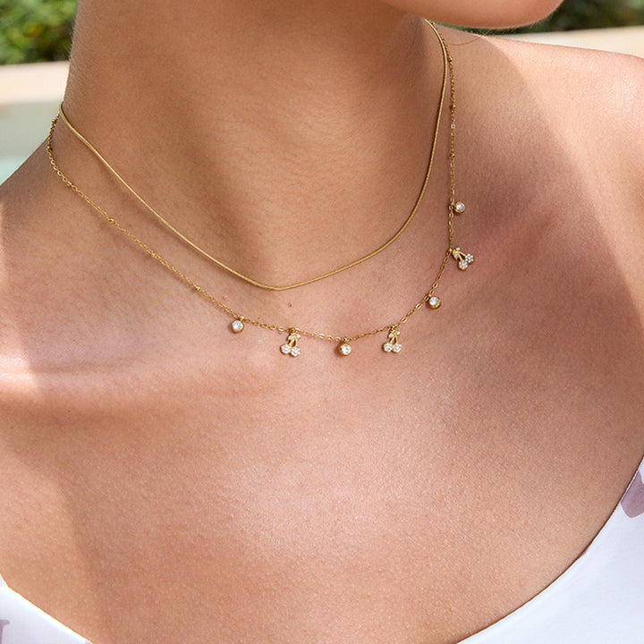 J&D 18K Gold Plated Stainless Steel Jewelry Cute Rhinestone Cherry Round Zircon Chain Necklace