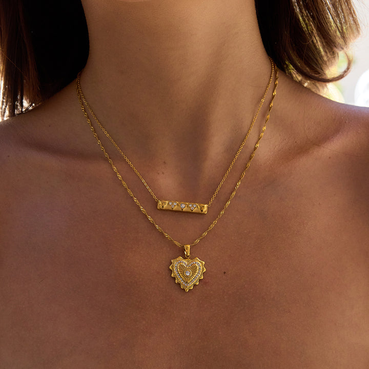 J&D Women 18K Gold Plated Stainless Steel Textured Square Pendant Necklace Ribbed Heart Accent Zircon Trendy Necklace Jewelry