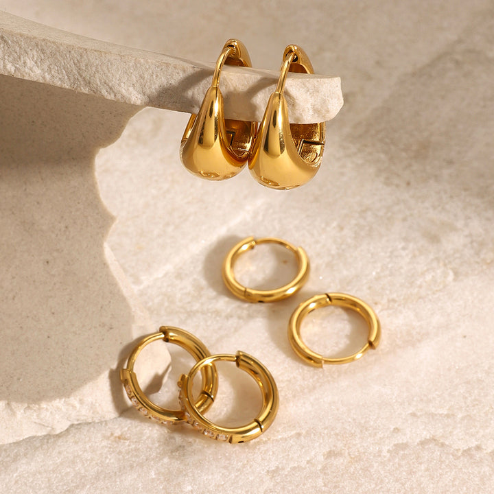 J&D 18k Gold Stainless Steel White Water Drill Solid Circle Ear Clips Set of 3