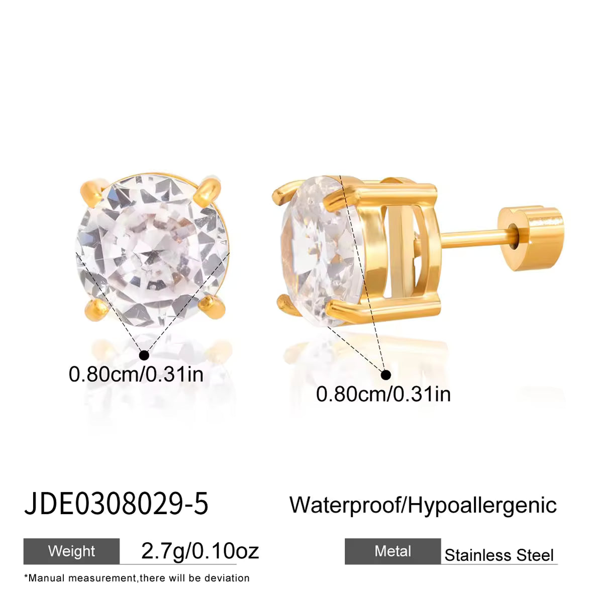 Classic Stud Earring Jewelry for Women Stainless Steel Large Zircon Semi-precious Stone Solitaire Diamond Earring