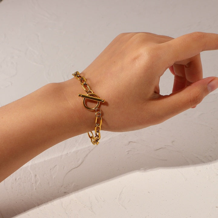 Gold Plated Simple Classic Gold Link Chain Paperclip Ot Toggle Stainless Steel Oval Bracelet