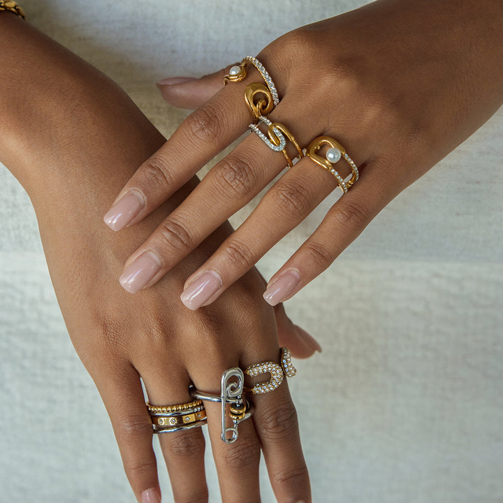 J&D Jewelry Waterproof Pin Ring Women Stainless Steel Paper Clip Two Tone Multi Hoop Finger Ring