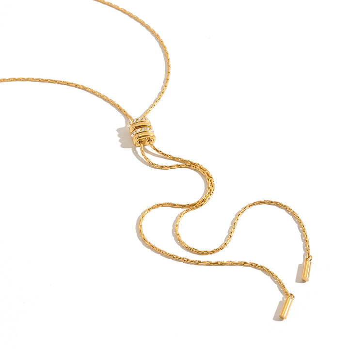 J&D Lariat Y Necklace Stainless Steel Long Sweater Necklace Adjustable Slider Tassel CZ Stone Minimalist Modern Party Gift