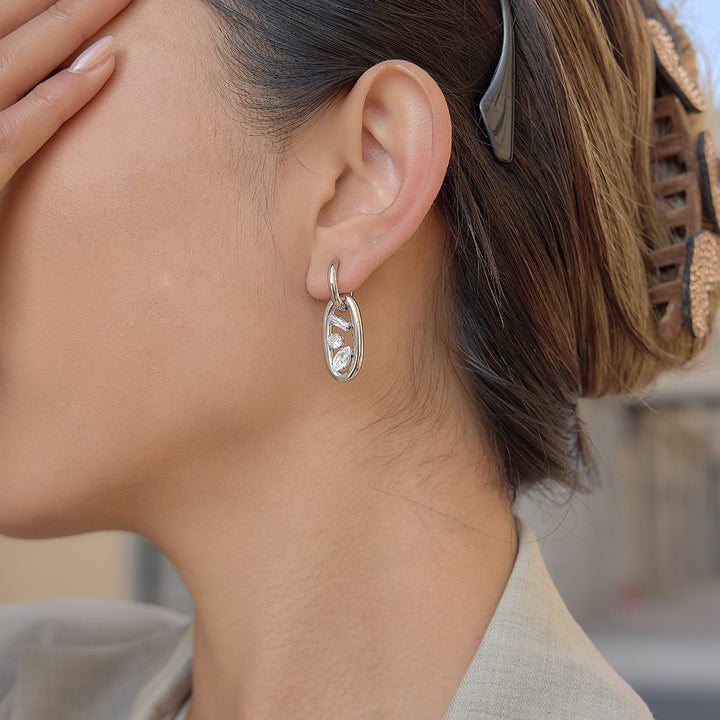 J&D Elegant Steel Earrings White Zircon Geometric Double Hoop Interlocking Waterproof Hypoallergenic Tarnish Free Jewelry