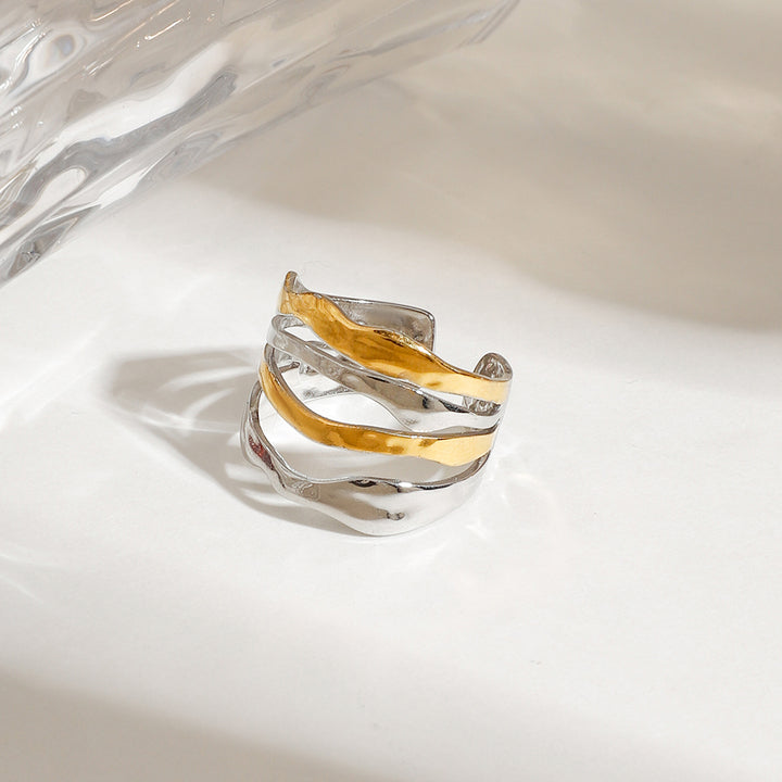 J&D Modern Minimalist 18K gold stainless steel Two Tone Multi-Layer Lines Adjustable Open Rings