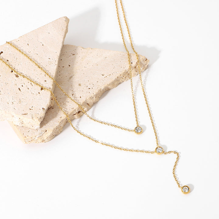 18K Gold Stainless Steel Y Shaped Dainty Chain Double Layer Shiny Cubic Zirconia Lariat Necklaces