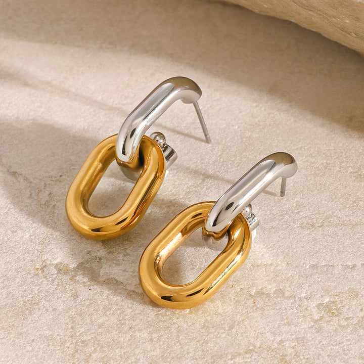 J&D 18k Gold Silver Stainless Steel Retro Knocker Earrings Contemporary Vintage Style Two Tone Chain Hoop with Geometric Pattern