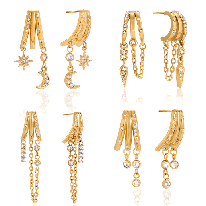 J&D Luxurious Three Layer Fringe Earrings 18K Gold Plated Stacked Square Pendant with Crystal and Zircon Dazzling Drop Earrings