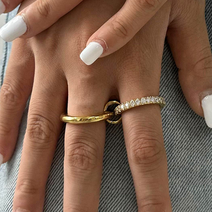 J&D Stainless Steel 18K PVD Gold Plating Smooth Twins Multi Wearing Interlocking CZ Magic Ring