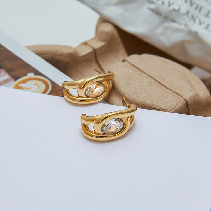 J&D Tarnish Free Steel CC Shape Earring Stylish 18K Gold Plated White Zircon Hollow Hoop Earrings Zircon Ear Cuff