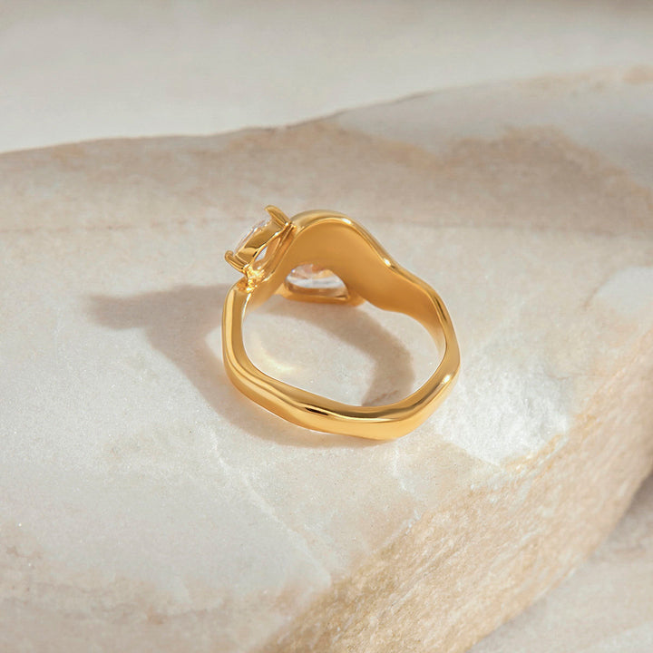 J&D Fashion Jewelry 18k Gold Plated Stainless Steel Two Zircon Undulating Band Ring Wave Women