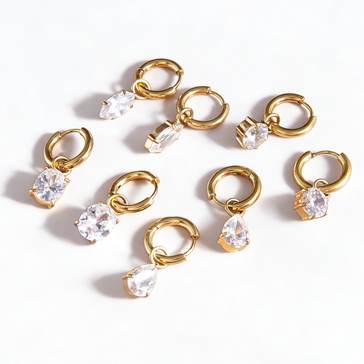 J&D Elegant CZ Hoop Earring 18K Gold Stainless Steel Classic Delicate Oval Round Teardrop Zircon Hoop Earring