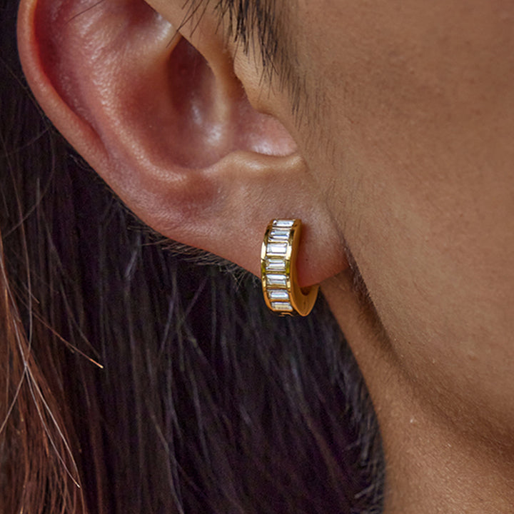 J&D Stainless Steel Waterproof 18K PVD Gold Plating Crystal Rectangle Stone 15MM Small Huggie Earrings