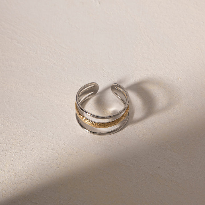 Waterproof 18k Gold Plated Stainless Steel Jewelry Hollow Three Layer Opening Texture Rings for Women