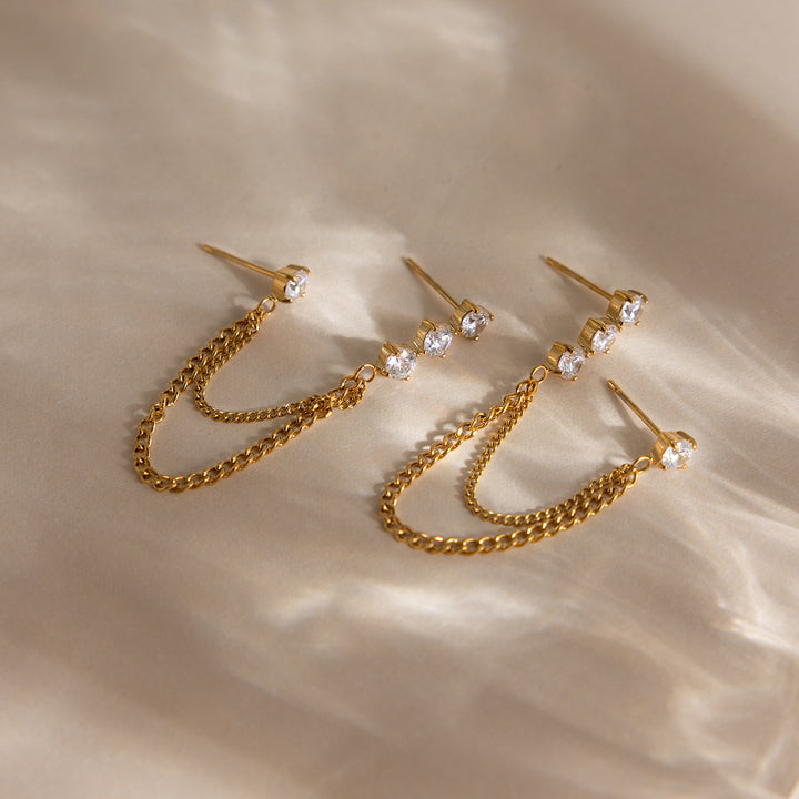 J&D Elegant Linear Chain Tassel Earrings 18K Gold Plated with Cubic Zirconia Accents Classic Drop Dangle Earrings for Women