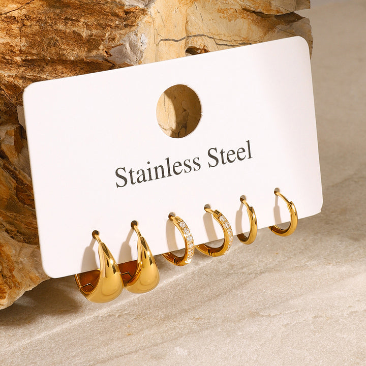 J&D 18k Gold Stainless Steel White Water Drill Solid Circle Ear Clips Set of 3
