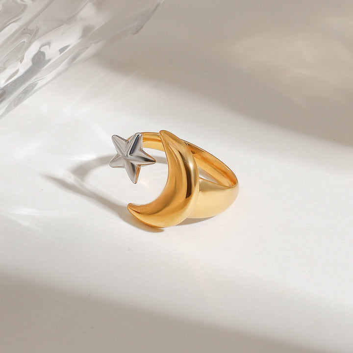 J&D Modern 18K Gold Plated Stainless Steel Ring Trendy Moon Star Two Tone Design for Daily Wear and Anniversary Occasions