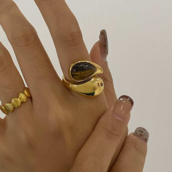J&D Elegant Style Tiger Eye Stone Drop Ring 18K Gold Stainless Steel Waterdrop Inlaid Fashionable Open Ring Jewelry