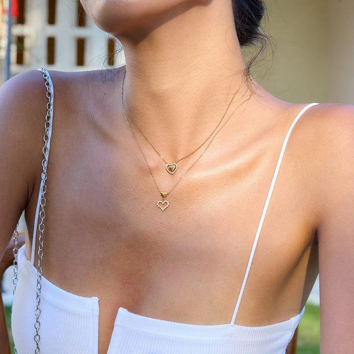 J&D 18K PVD Gold Plate Stainless Steel Necklace Romantic White Zircon Hollow Heart Pendant Necklace