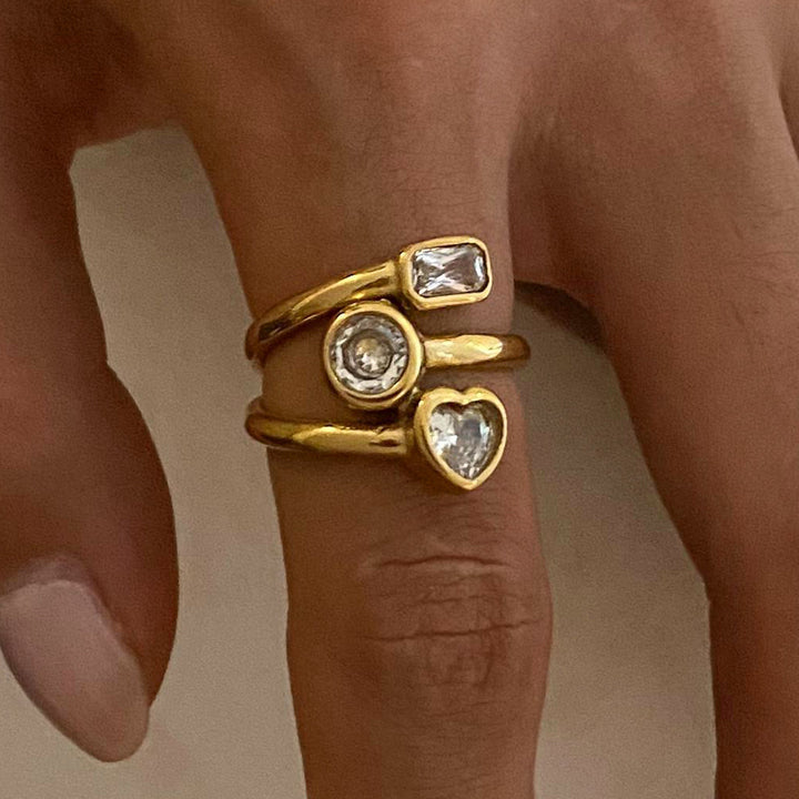 Zircon Multi Three Layers Ring Hollowed 18K PVD Gold Plated Stainless Steel Three-layer Heart Opening Ring for Women Jewelry
