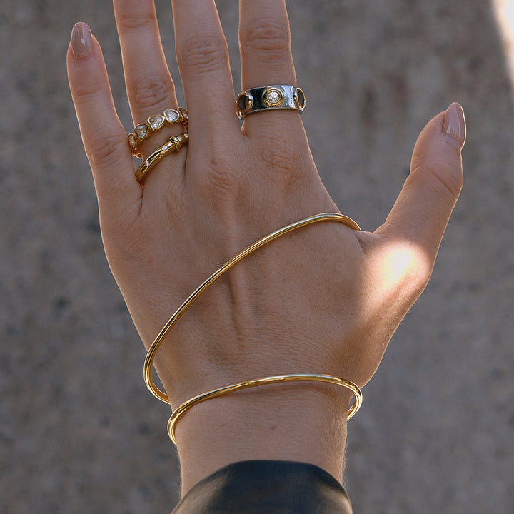 J&D Minimalist Unique Line Bangle 18K Gold Plated Stainless Steel Simple Hollow Line Asymmetric Double Band Open Cuff Bracelet