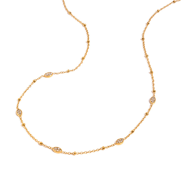 J&D 18K PVD Gold Plate Stainless Steel Necklace Classic White Rhinestone Horse Eye Clip Bead Necklace
