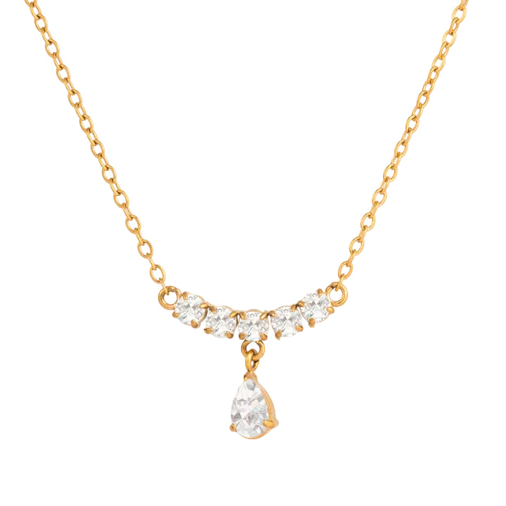 J&D Teardrop CZStone Necklace Single StainlessSteel GoldTone Polished FineCurved Bar Elegant Minimalist Trendy Party Daily Gift