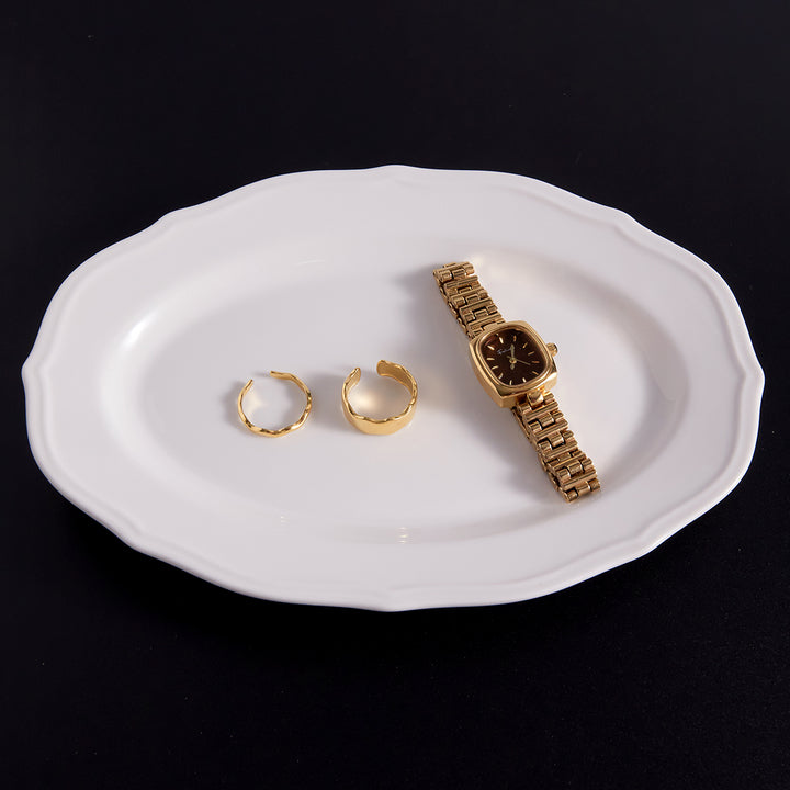 J&D 18K Stainless Steel Bezel Setting Minimalist Wave Ring Set-Pair of Gold Adjustable Open Bands