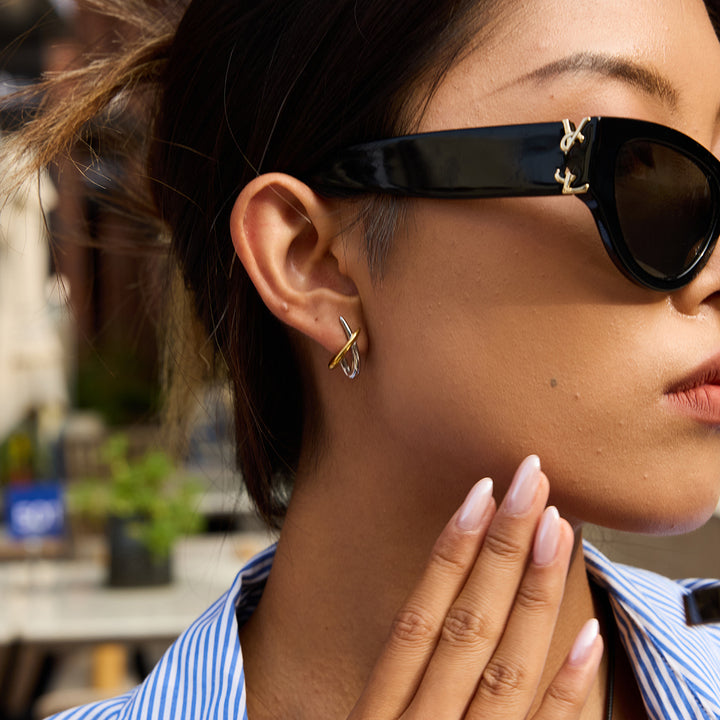 J&D Classic Fashion Wish Bone Earring 18K Gold Stainless Steel Two Tone Silver Line Cross Wish Bone Earring Perfect for Gift