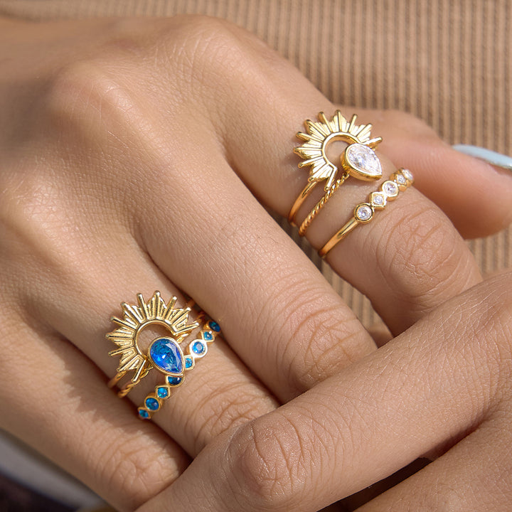J&D Elegant Exquisite 3 in 1 Blue CZ Ring 18K Gold Stainless Steel Ribbed Sun Teardrop Blue Zircon Stacking Ring 3pcs Set Size 7