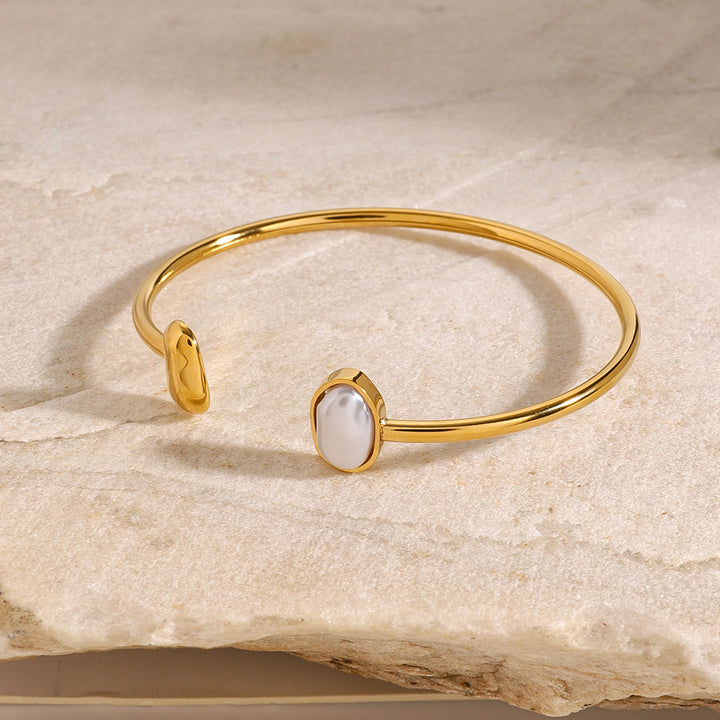 J&D 18k Gold Stainless Steel Pearl Spring Bangle Waterproof Tarnish Free Jewelry