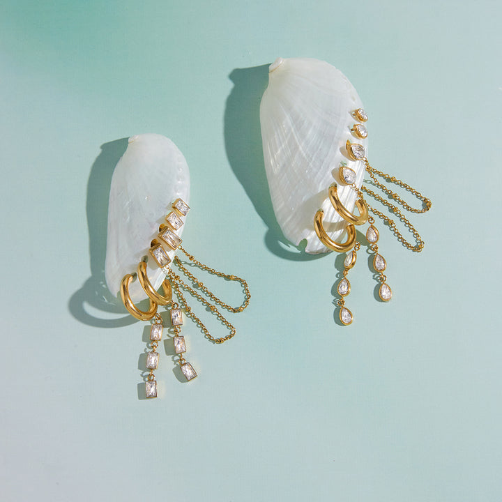 J&D Elegant Tassel Earring 18K Gold Stainless Steel Fashion Delicate Square Water Drop Rhinestone Tassel Earring Set