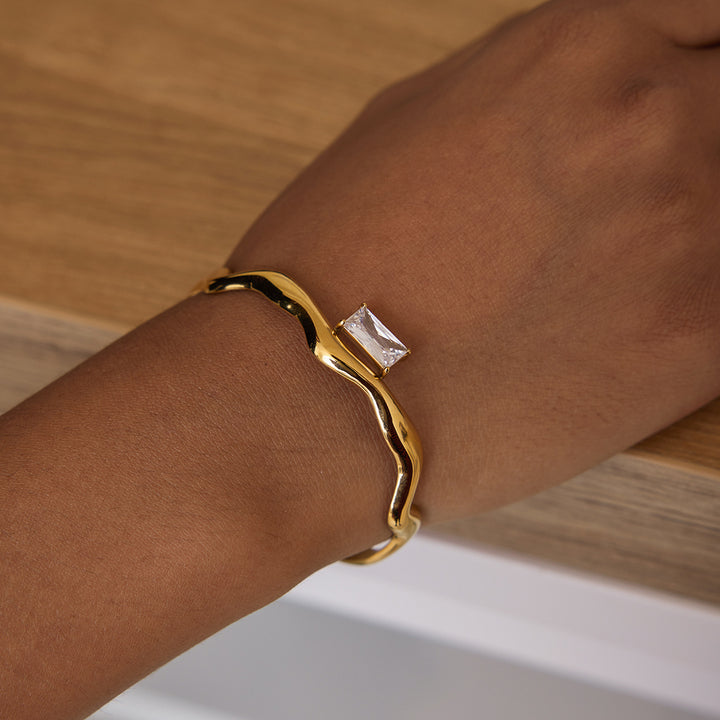 J&D Jewelry Wave Irregular Cuff Bangle 18K Gold Plated Stainless Steel Zircon Opening Bangle
