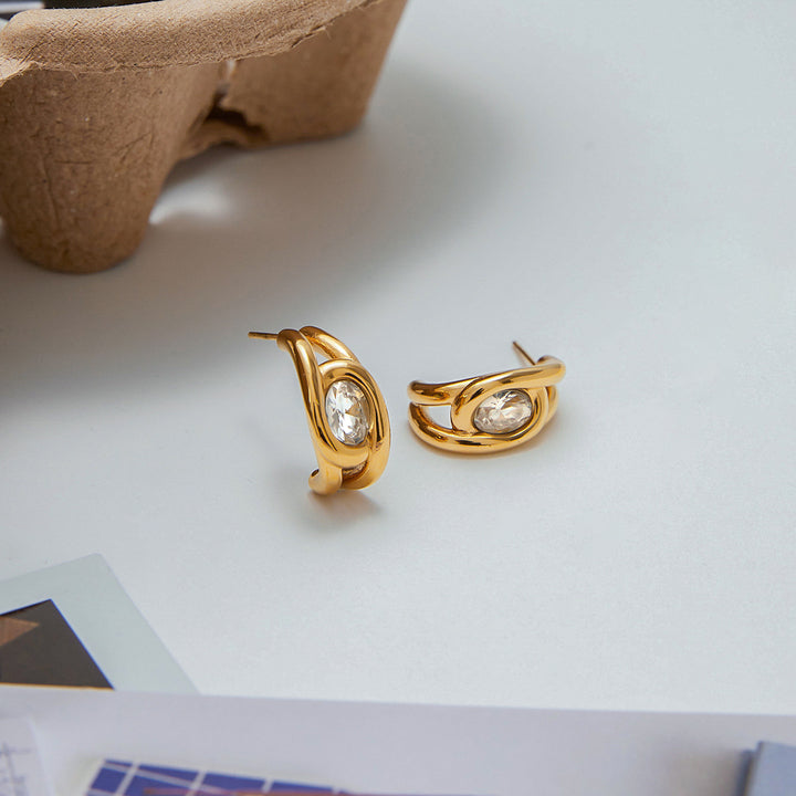 J&D Tarnish Free Steel CC Shape Earring Stylish 18K Gold Plated White Zircon Hollow Hoop Earrings Zircon Ear Cuff