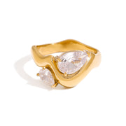 J&D Fashion Jewelry 18k Gold Plated Stainless Steel Two Zircon Undulating Band Ring Wave Women