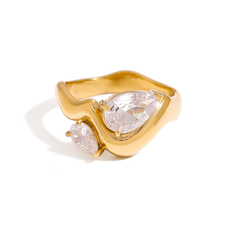J&D Fashion Jewelry 18k Gold Plated Stainless Steel Two Zircon Undulating Band Ring Wave Women