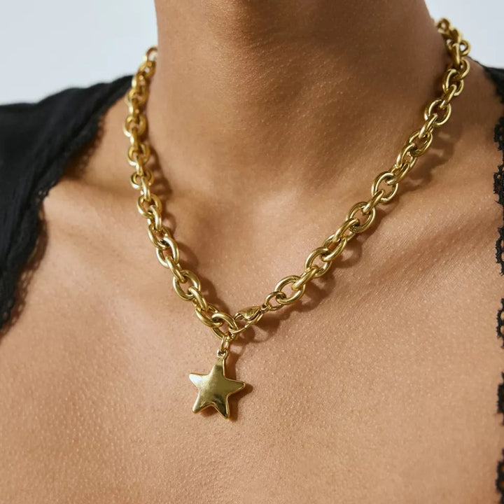 J&D 18k Gold Plated Stainless Steel Classic Style Polished Star Cute Glossy Pendant Necklace