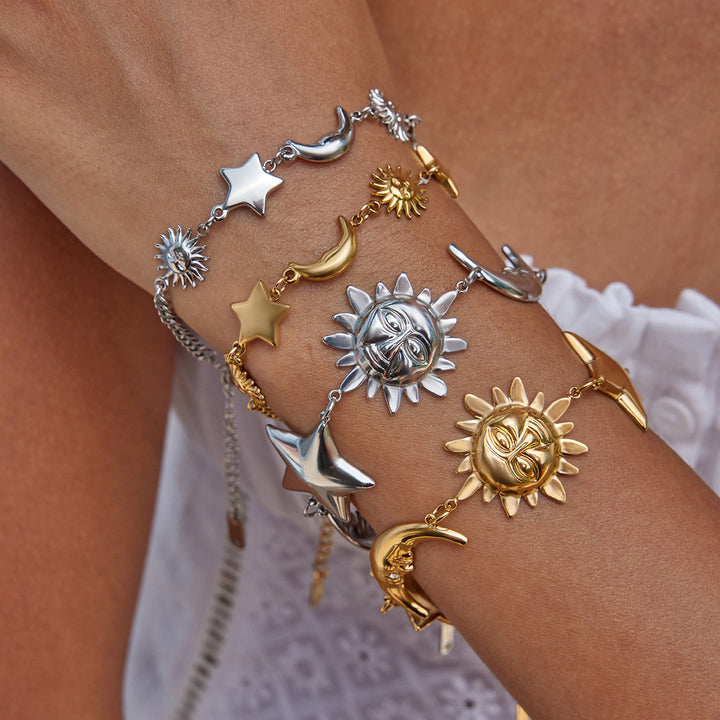 J&D Trendy 2025 Stainless Steel Stackable Minimalist Bracelet Sun Moon Star Charm Polished Jewelry for Women